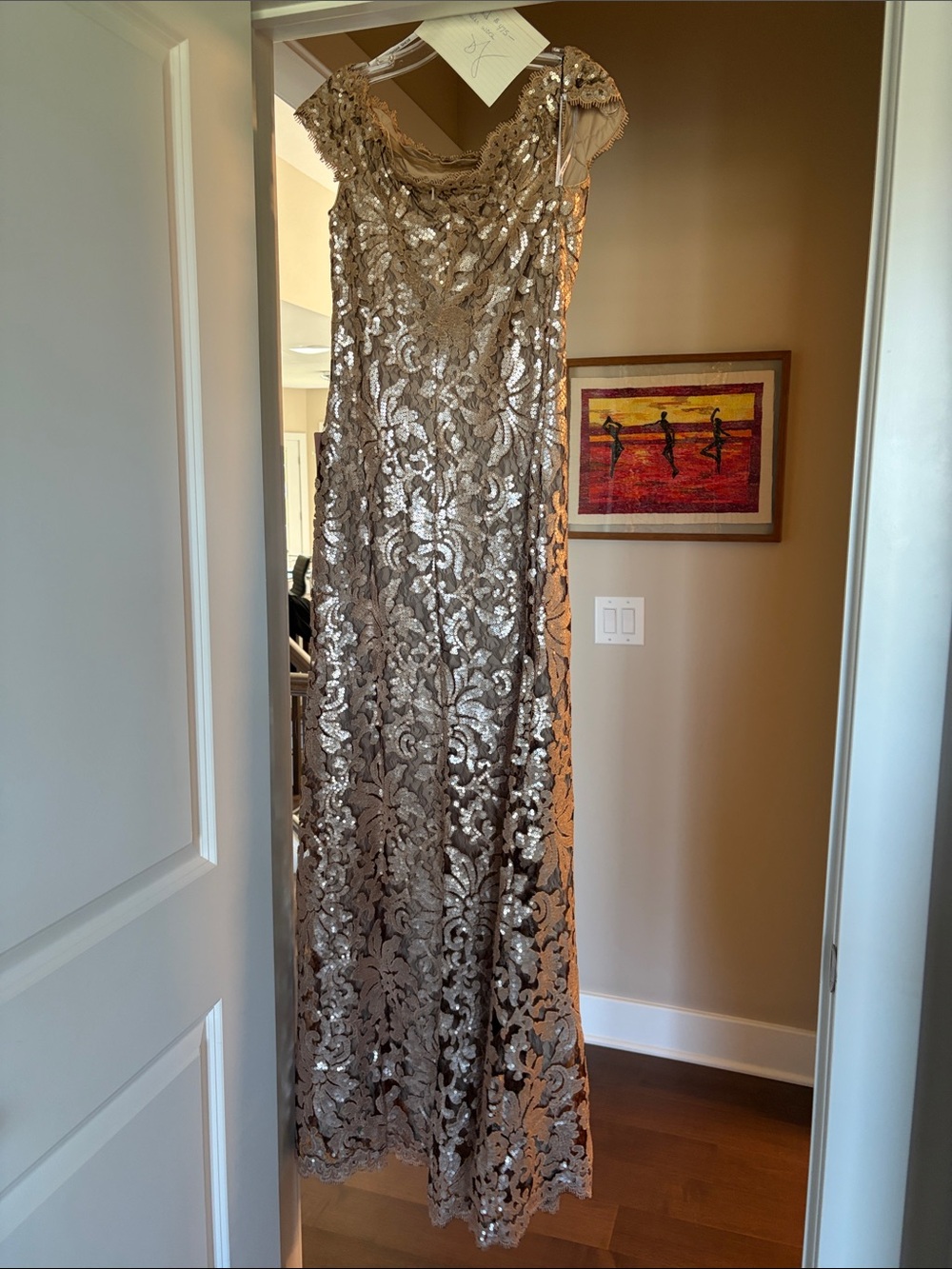 Tadashi Shoji Champagne Sequin Lace Evening Gown NWT Size 8